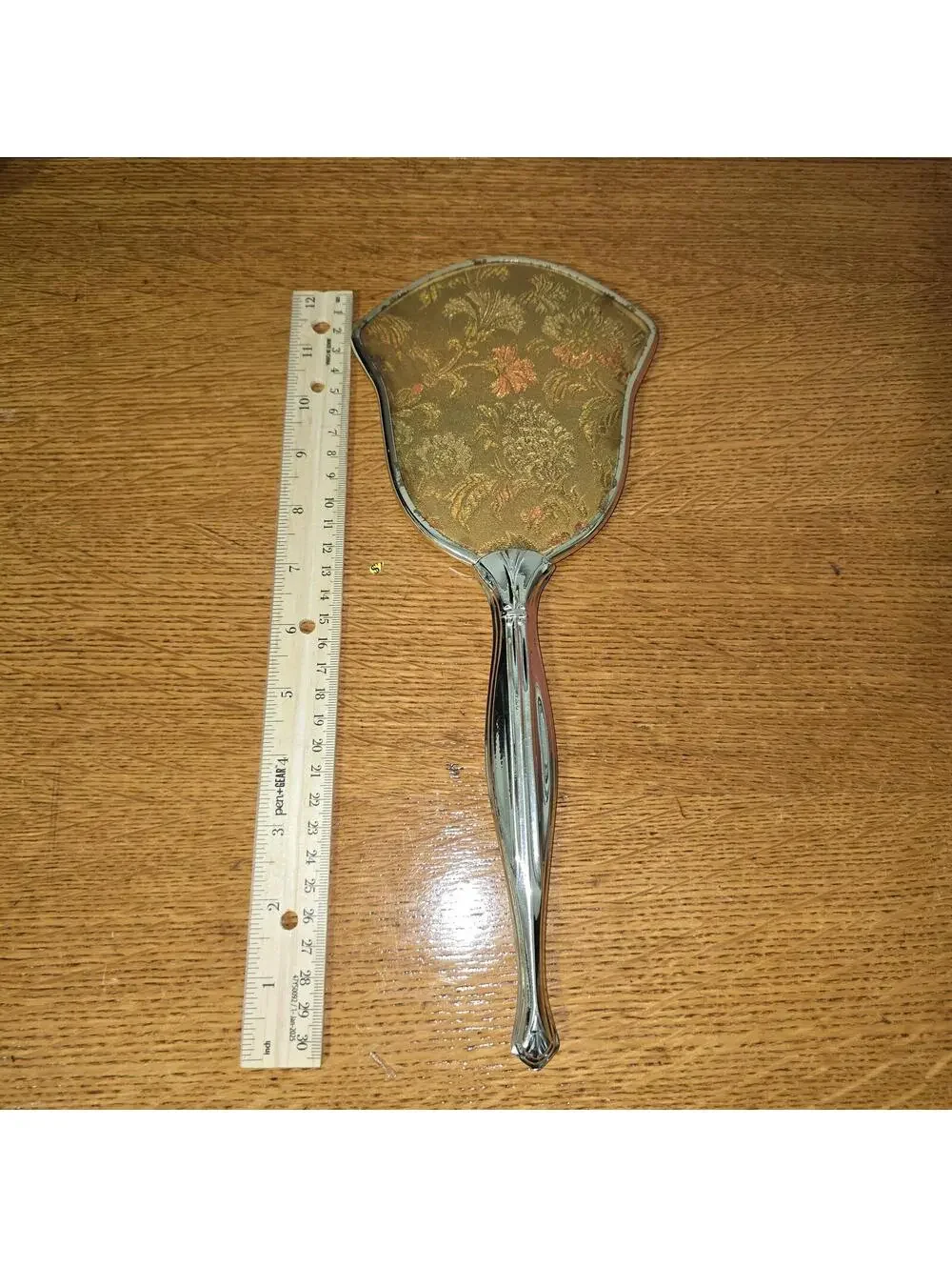 Vintage Style Handheld Vanity Mirror with Floral Brocade Back